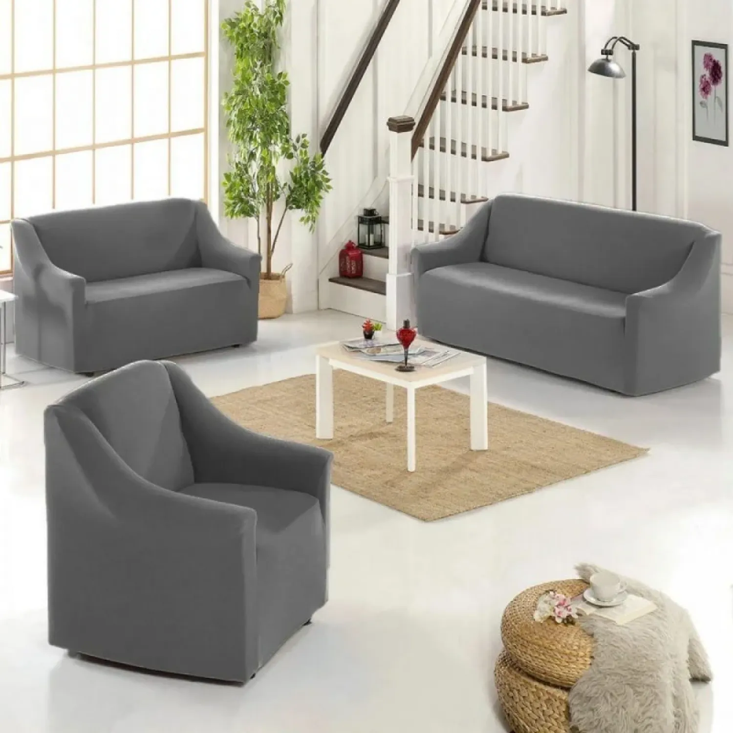 Καλύμματα Καναπέ Σαλονιού 3 Τεμαχίων Γκρί 