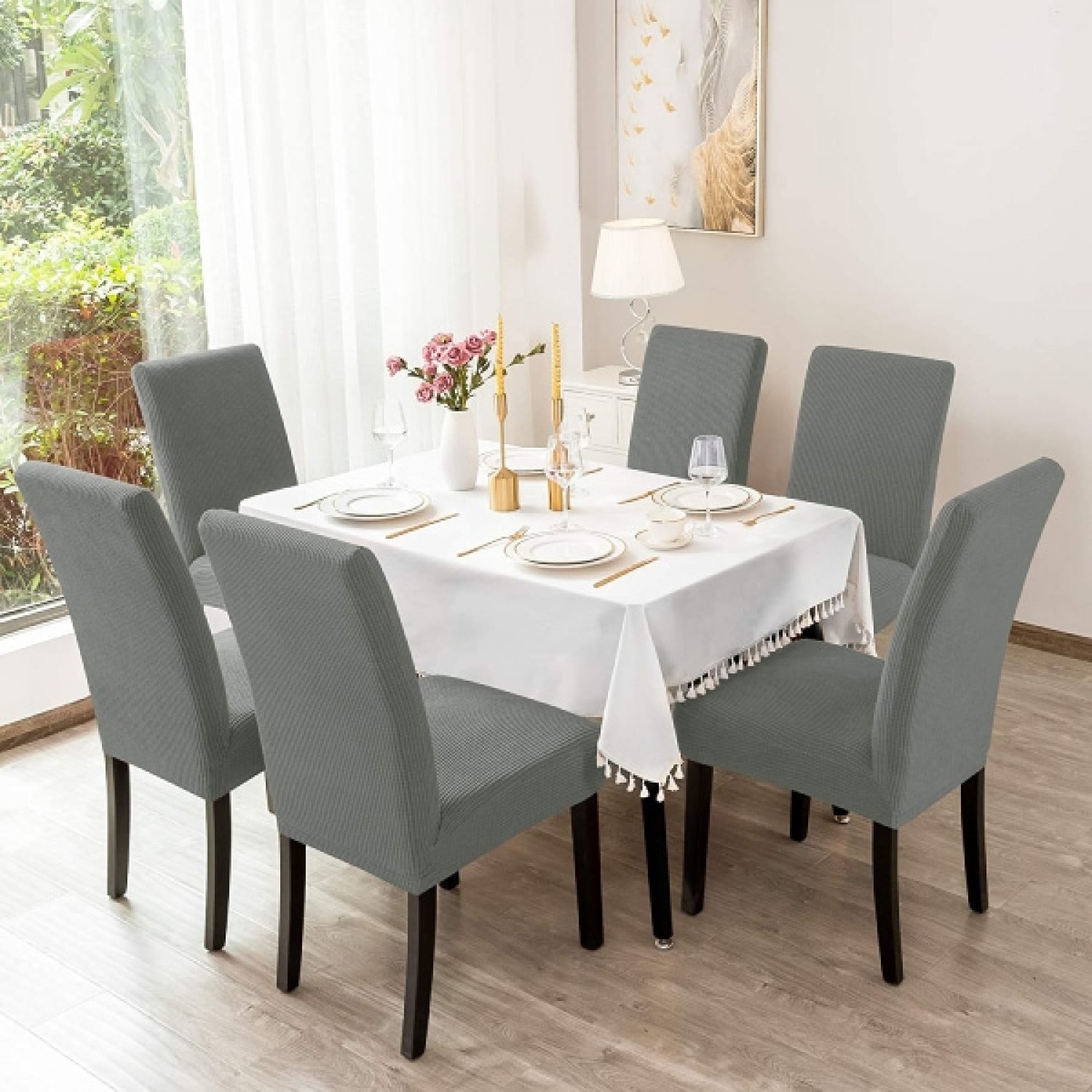 Σετ (6 Τμχ) Ελαστικά Καλύμματα Jacquard Καρέκλας Γκρί Α-89