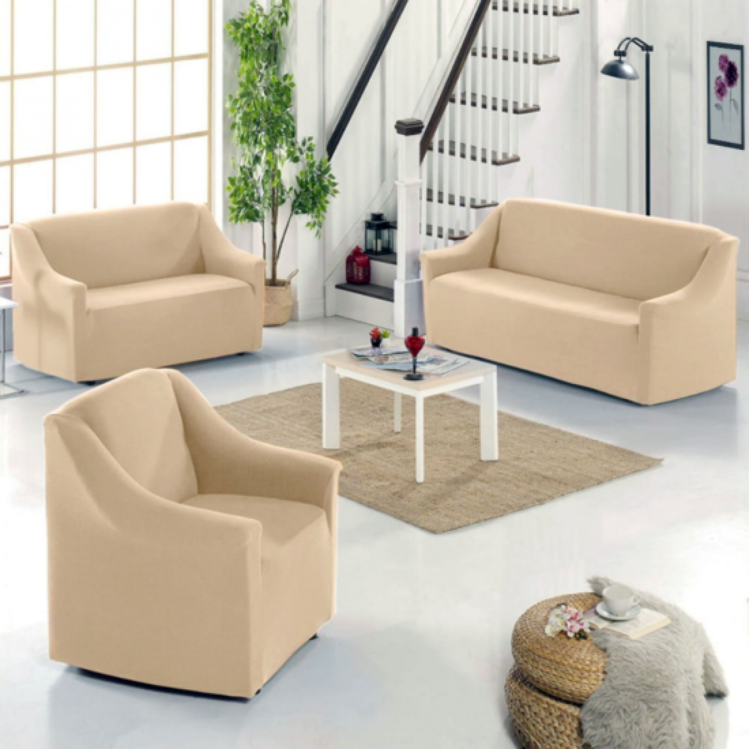 Σετ Ελαστικά Καλύμματα Καναπέ Σαλονιού Εκρού 